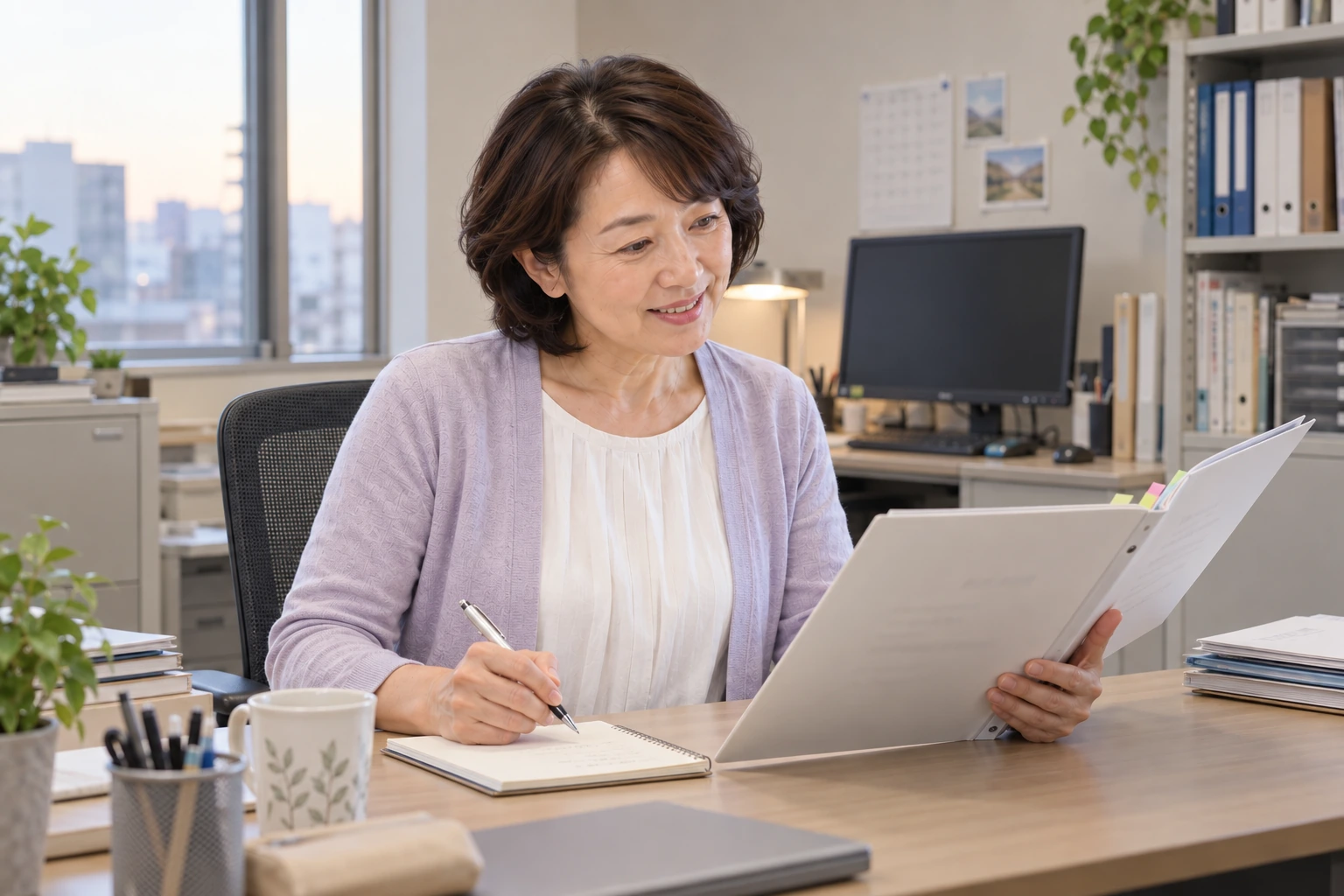 勤務先の資料を読み確認することをノートへ書く直美さん