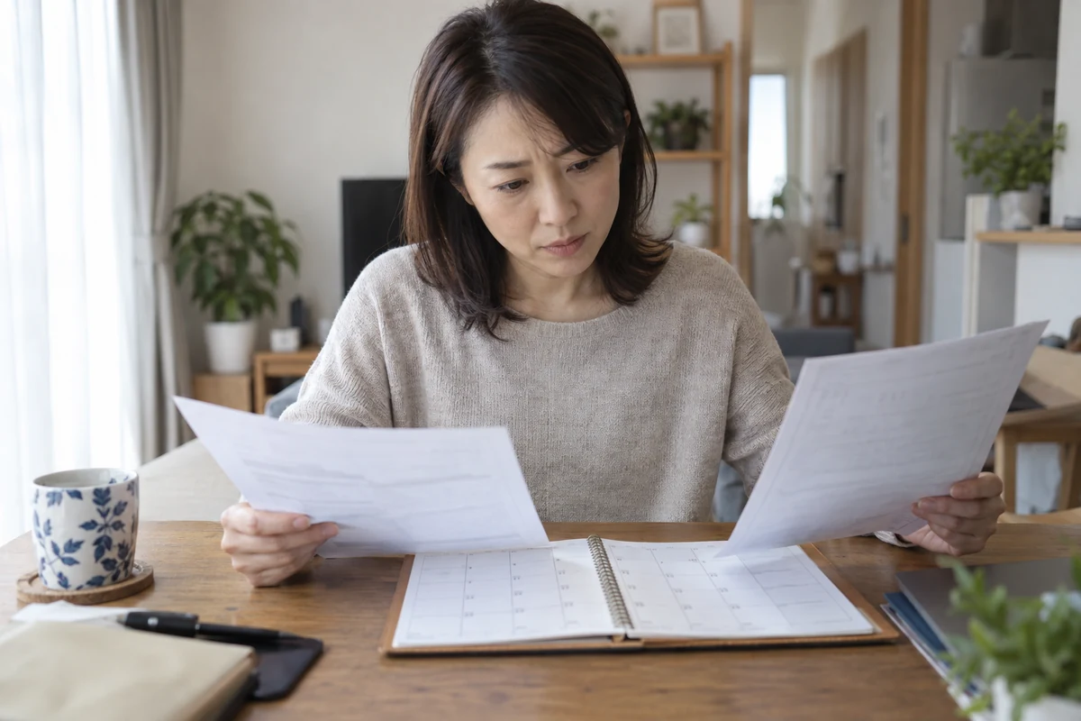 二通の見積書とカレンダーを並べ、どちらの会社へ依頼の返事をしたか確かめる女性