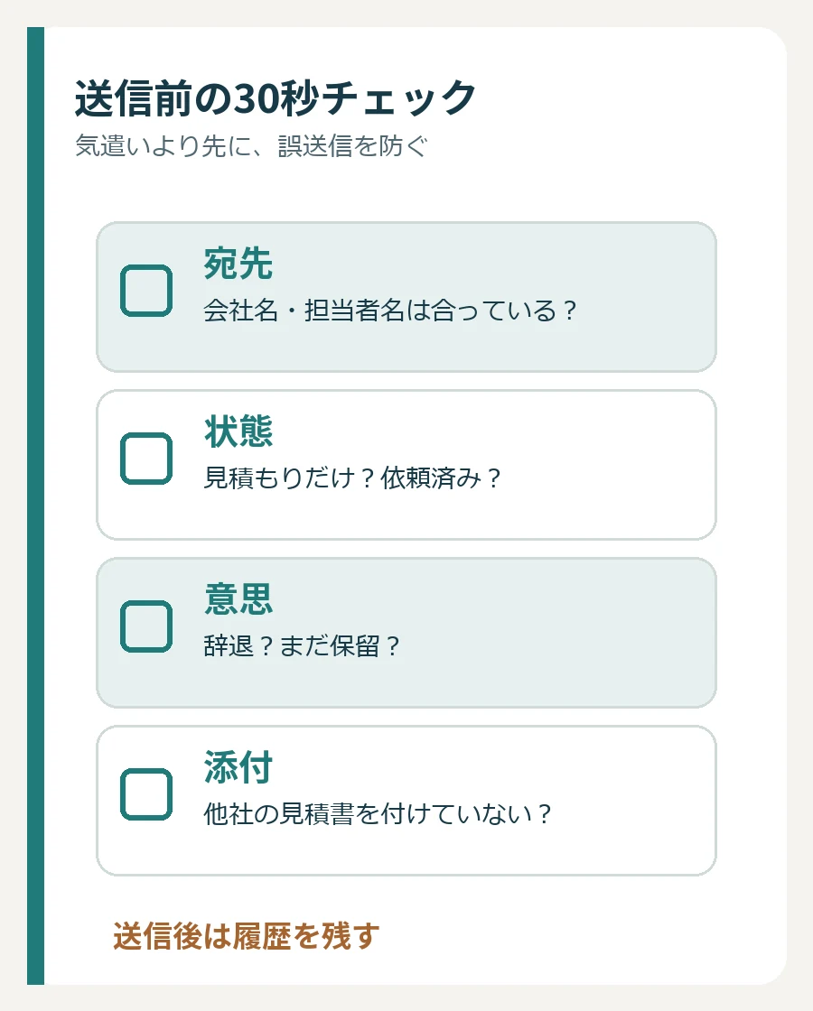 宛先、契約状態、辞退か保留かの意思、他社の見積書の添付有無を確認する送信前チェック図
