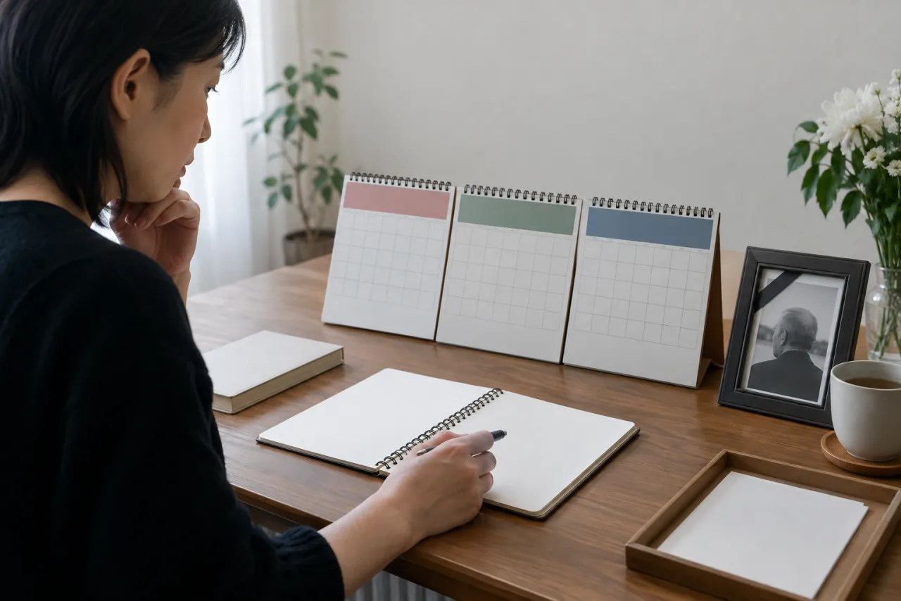 相続放棄を検討する日本人男性が家族書類と期限を確認している様子
