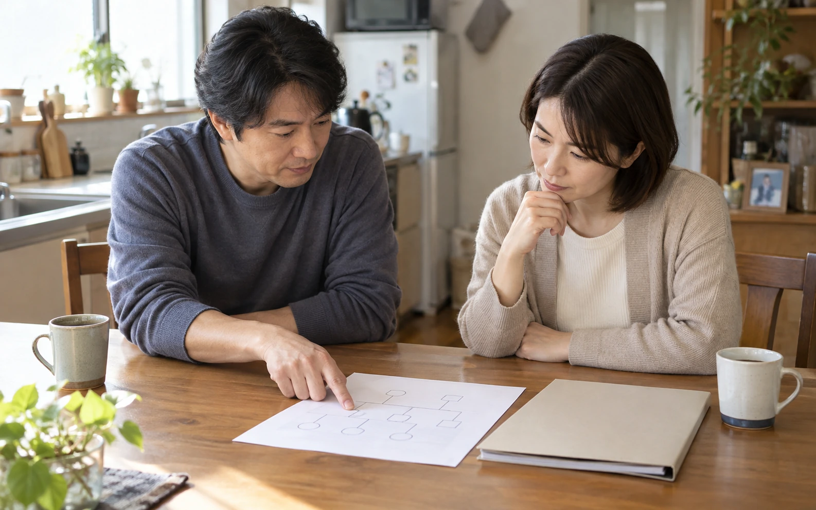 兄弟姉妹が白紙の家系図を見ながら親子関係を整理するイメージ