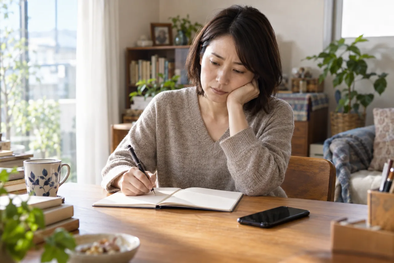 親との電話のあとにノートへ気持ちを書き出す日本人女性