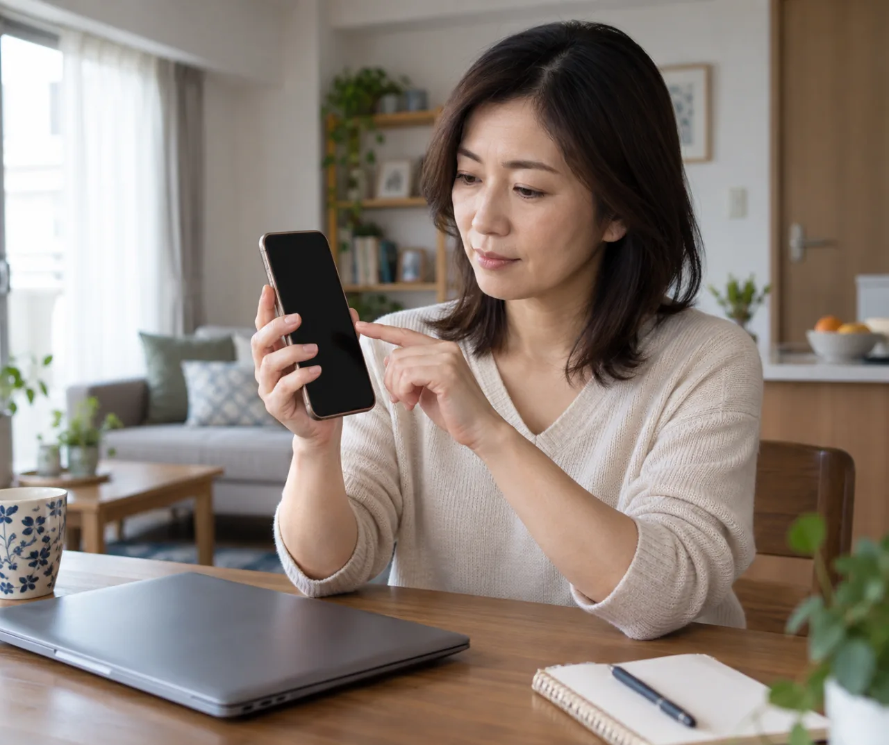 自宅で連絡の境界線を決める日本人女性とスマートフォン
