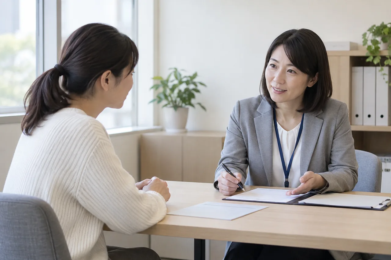 地域の相談員に話を聞いてもらう日本人女性