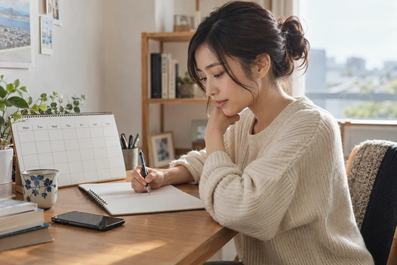 一週間の予定と連絡の頻度をノートに整理する日本人女性