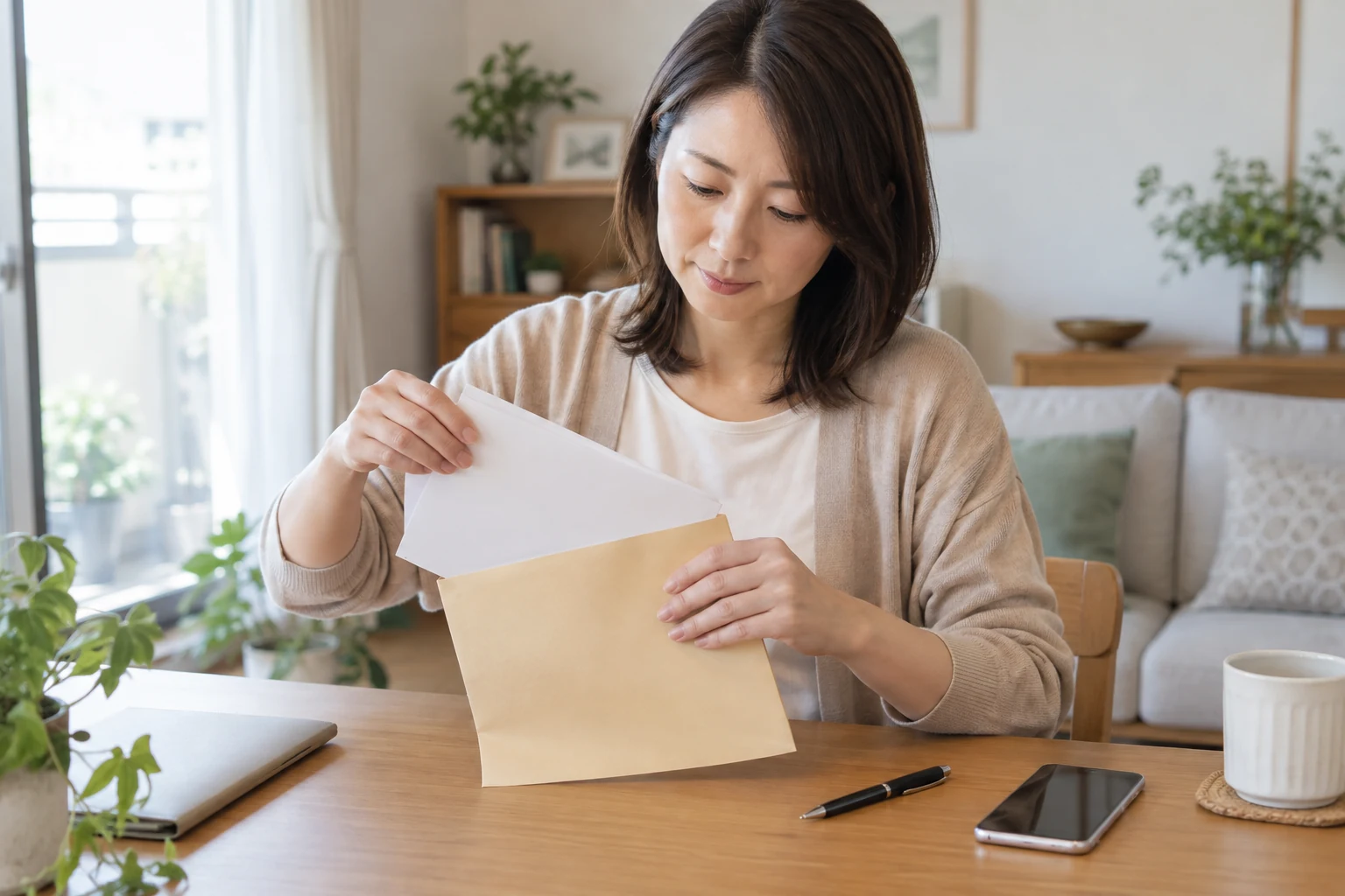 日本人女性が税務署や会社から受け取った扶養控除の資料を持ち帰って確認している