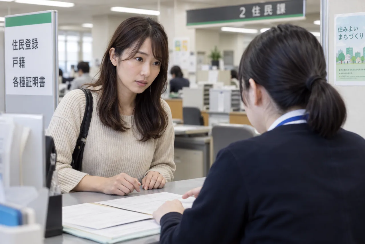 市区町村の窓口で住民登録について相談する日本人女性