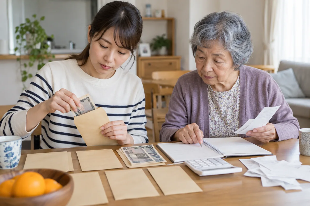 親子が同居の生活費を封筒とノートで整理する日本人親子