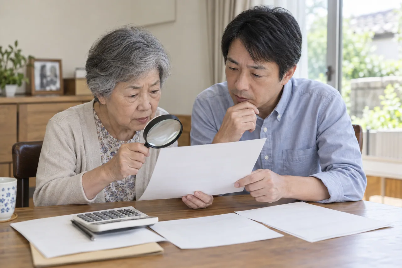 親子が介護保険料の通知を確認する日本人親子