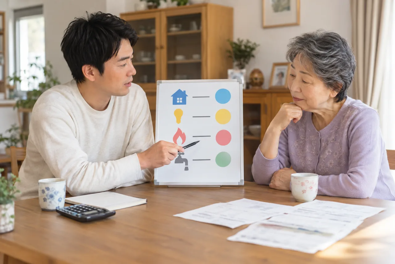 親子が生活費の分担を色分けして話し合う日本人親子