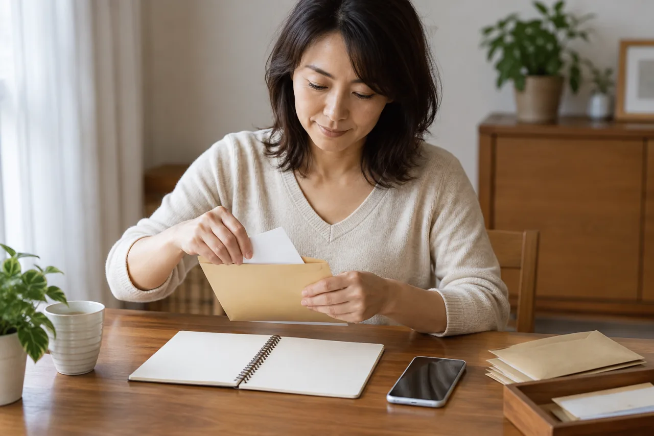 遺言書と財産の一覧を分けて確認する日本人女性