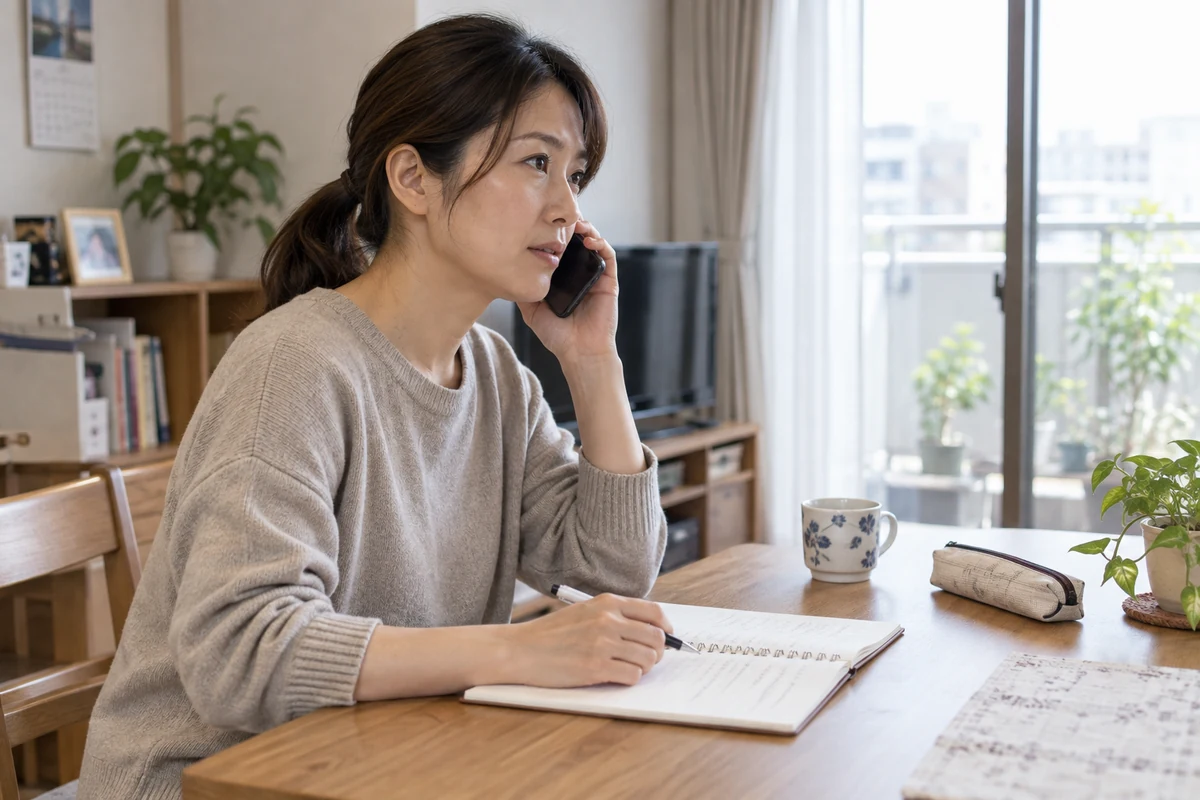 必要な証明書の種類を提出先へ電話で確認し、手帳に控える女性