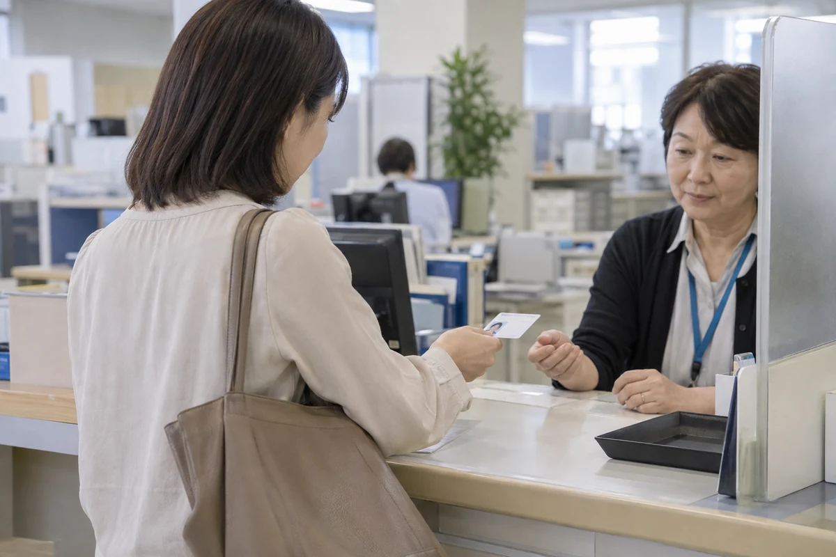 自治体窓口で本人確認書類を提示する女性