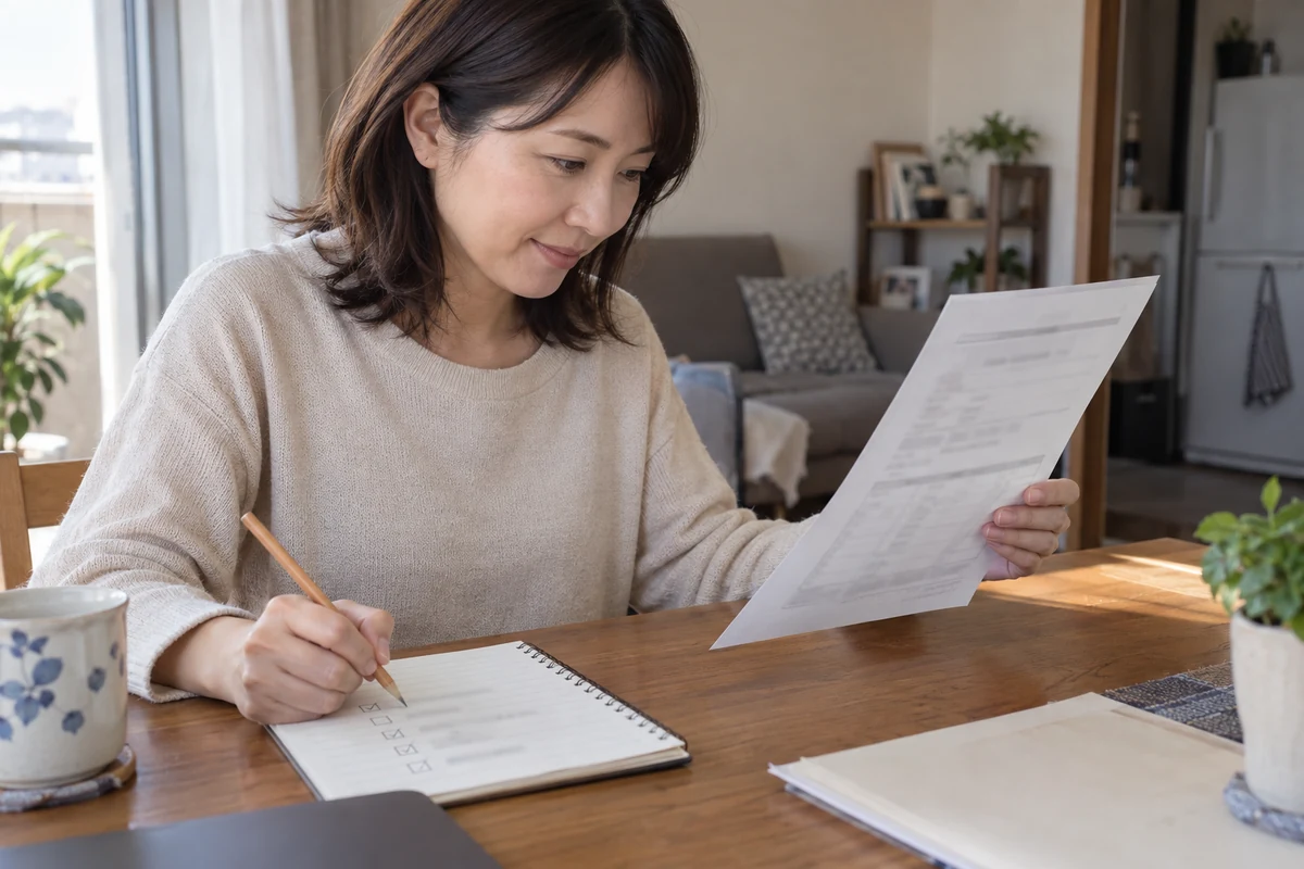 受け取った書類と提出前のチェックリストを見比べる女性