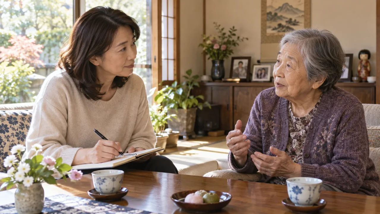 日本人の娘が高齢の親の様子を聞きながらノートに生活の変化を記録している様子
