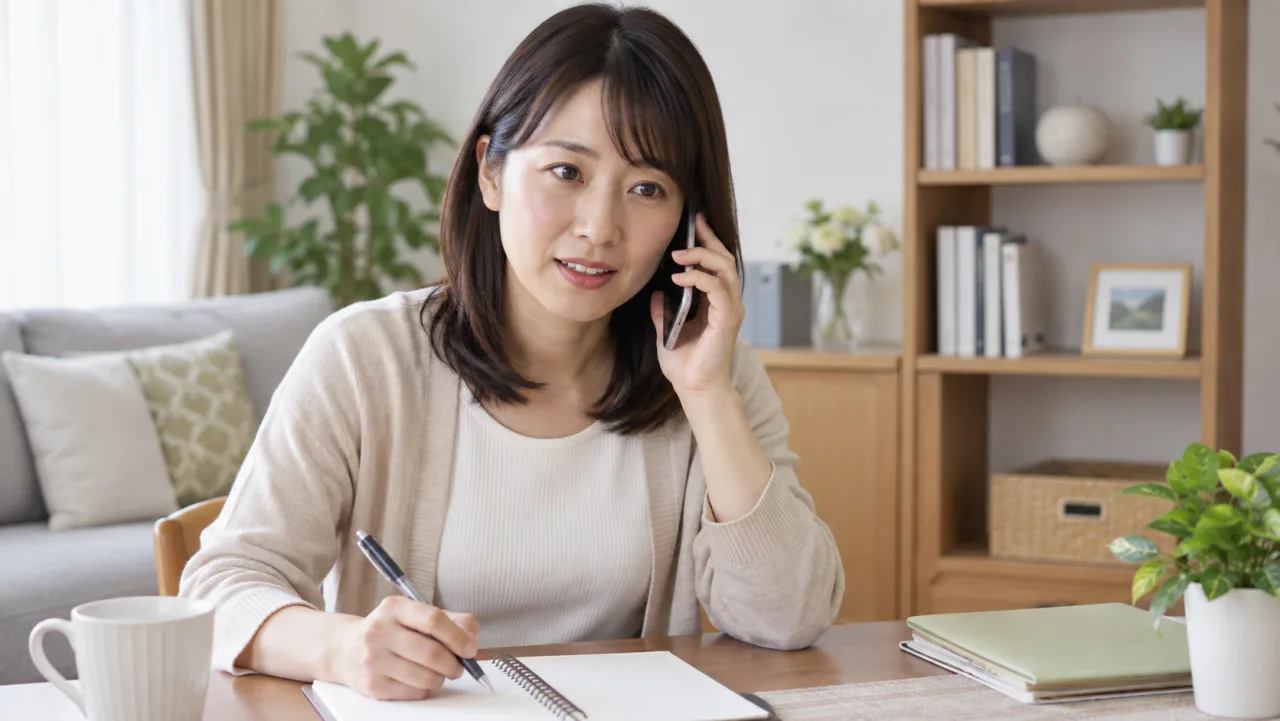 日本人の娘がノートを開いて地域の介護相談先に電話している様子