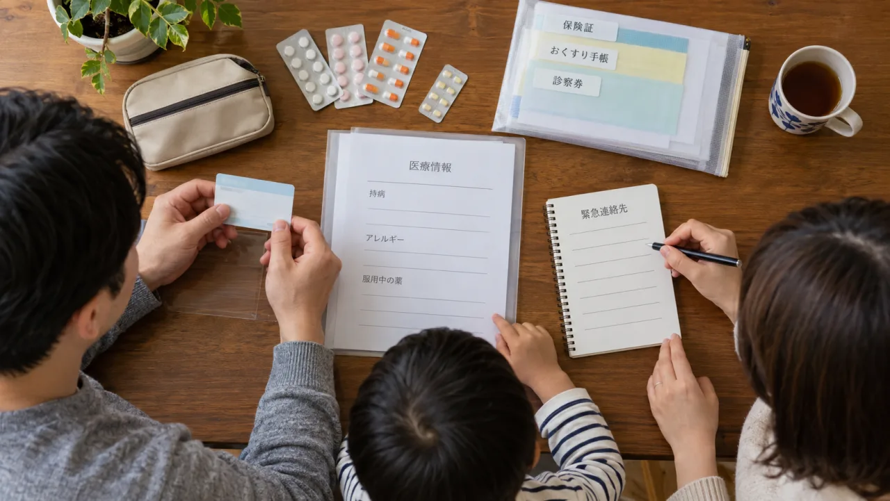 保険証や薬の情報や緊急連絡先を家族が整理している様子