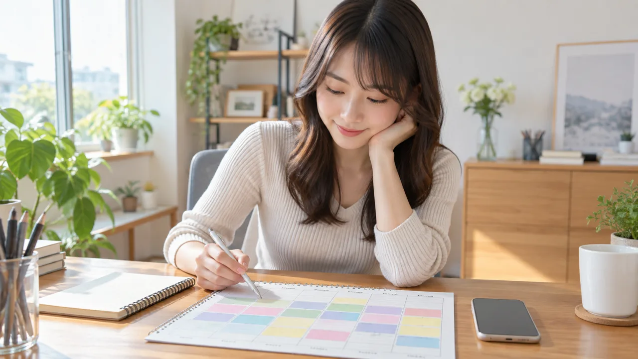 日本人の娘が色分けした1週間の予定表を確認している様子