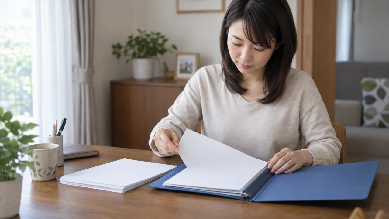 日本人の娘が白紙の申請書類を青いファイルに整理している様子