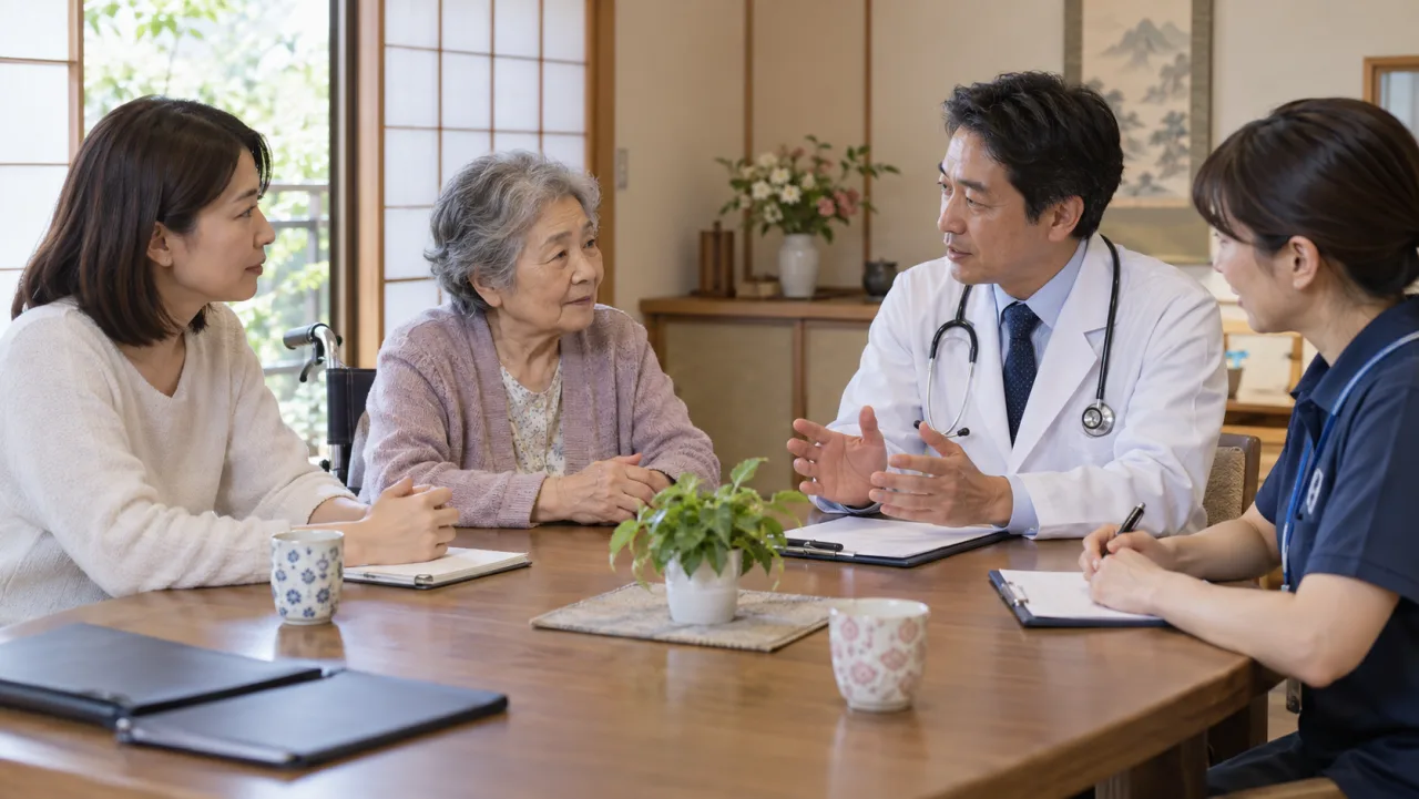 親と子と医療職や支援者がテーブルで介護の役割を相談している様子