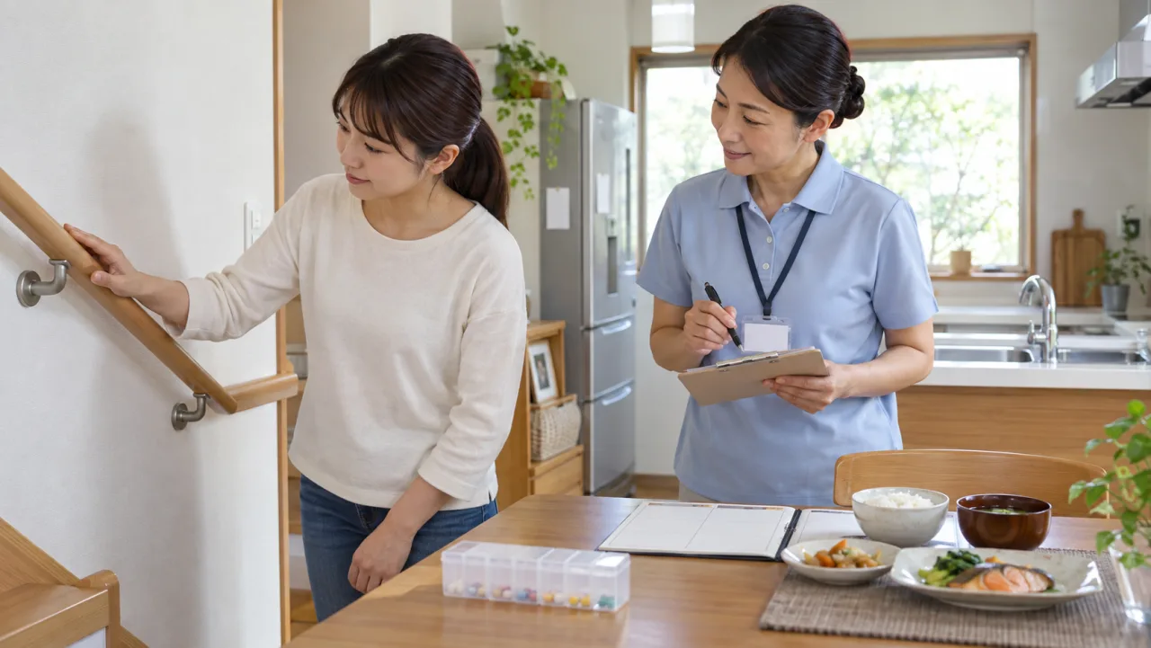日本の家庭で娘と支援者が手すりや食事や薬の置き場所を確認している様子