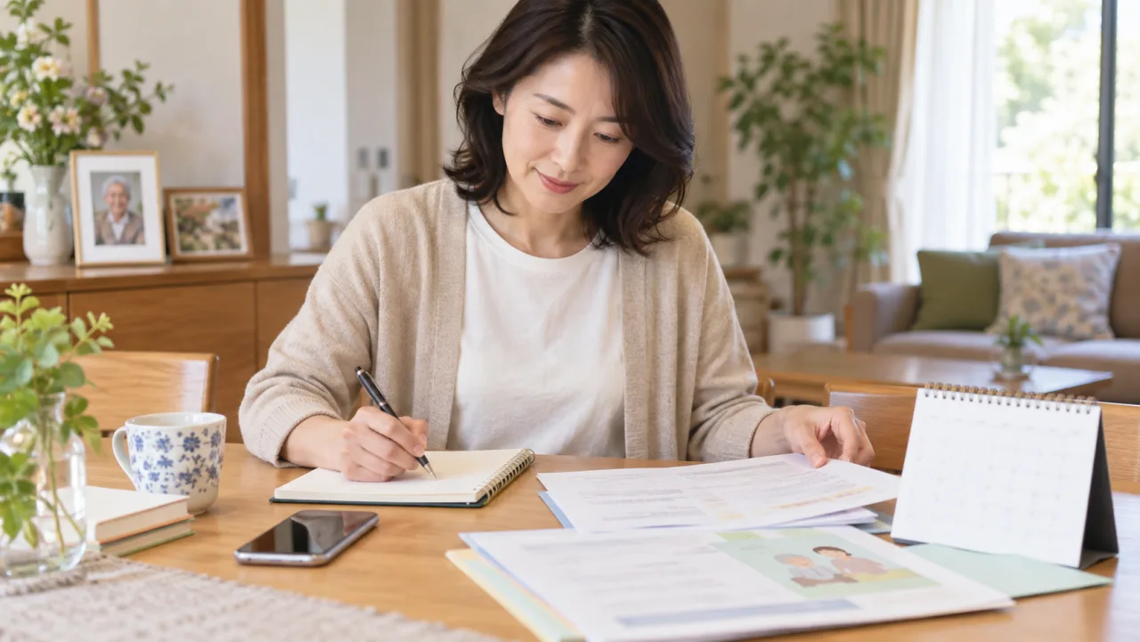 日本人の娘が仕事の予定と親の支援予定をカレンダーで調整している様子