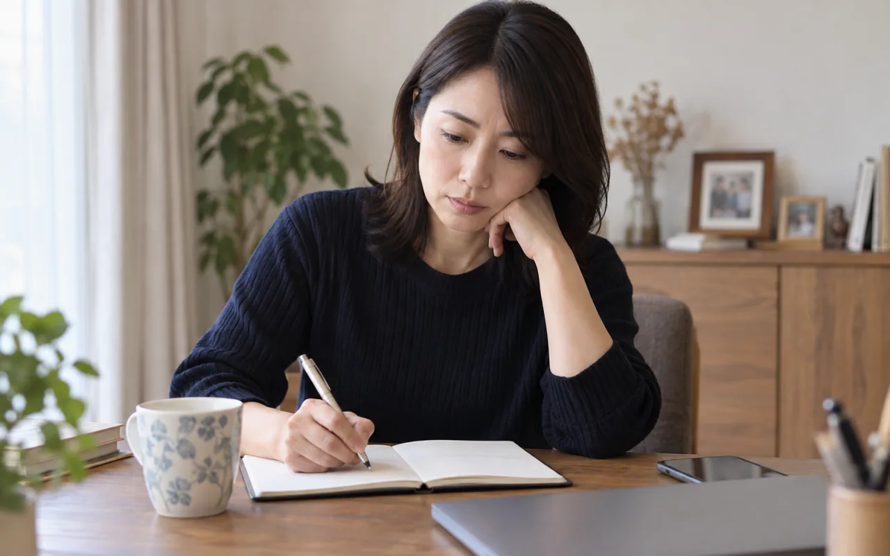 親との関係で起きたことをノートに整理する日本人女性