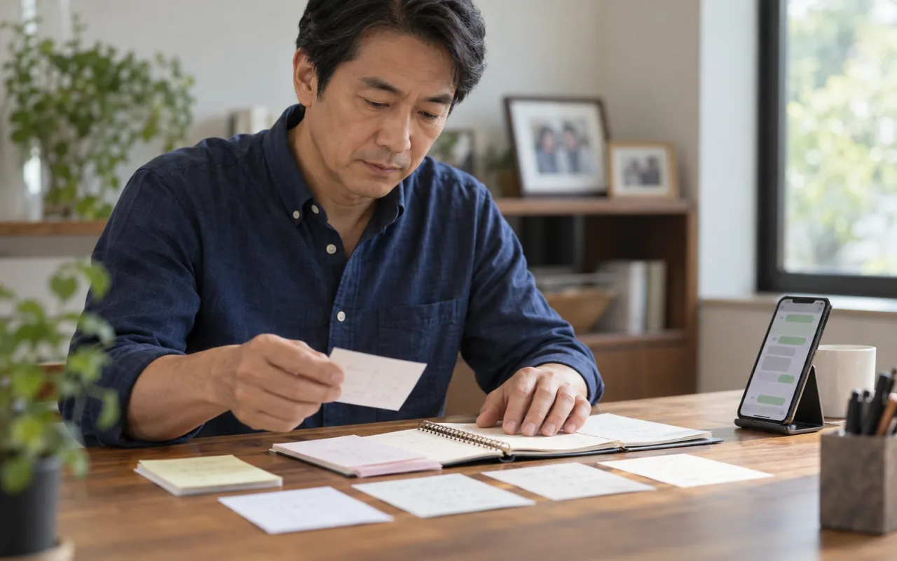 家族との会話の記録を日付ごとに整理する日本人男性