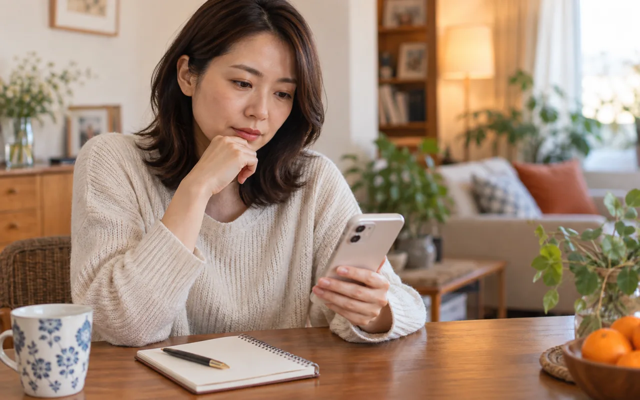 家族への境界線を短いメッセージにまとめる日本人女性