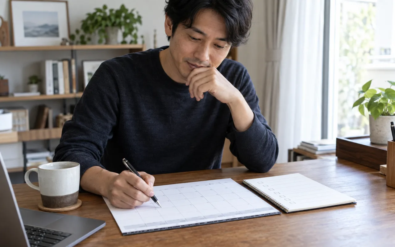 今週取り組む家族との距離と相談の計画を立てる日本人男性