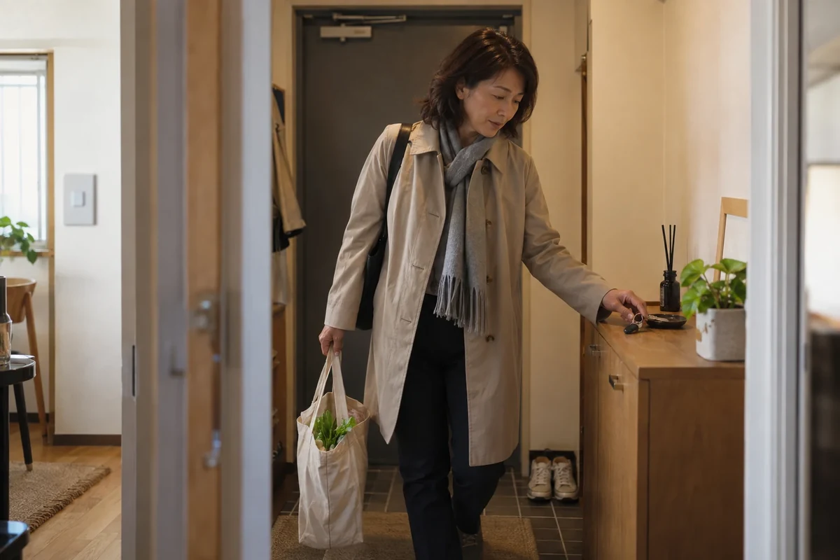 母の家から帰った直美が玄関で荷物を下ろす編集イメージ