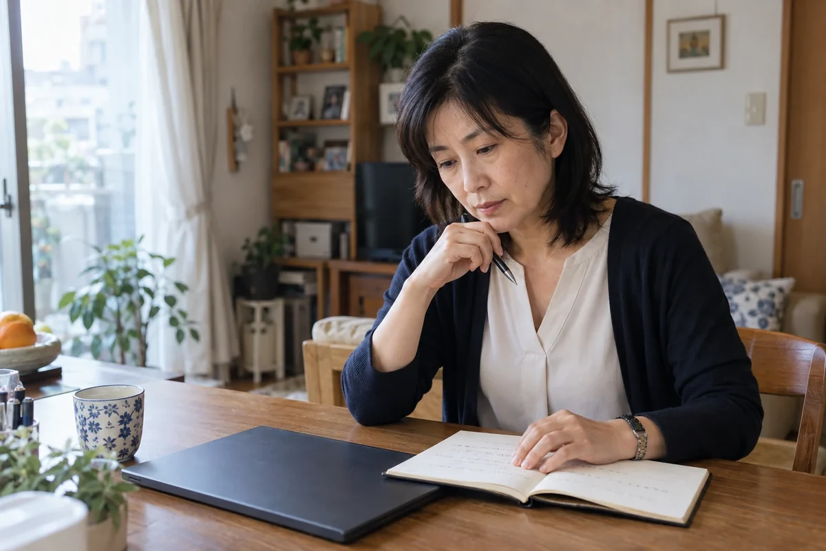 介護と勤務の両立について職場へ相談する前に、手帳で予定を整理する直美の編集イメージ