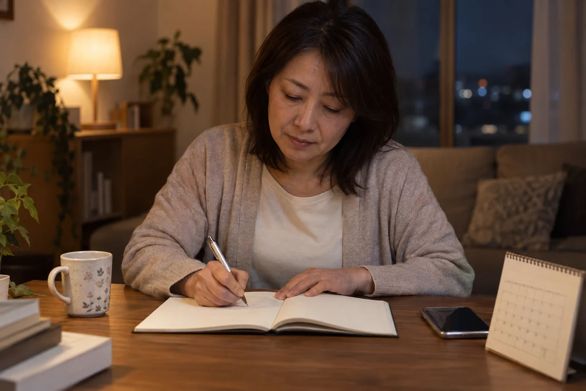 親の介護と自分の睡眠や仕事の時間を夜に書き出す日本人女性の編集写真