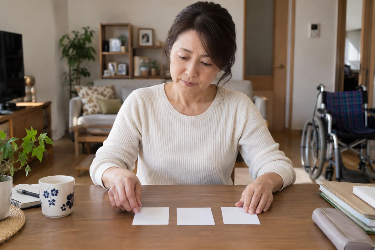 親の介護タスクを三列に分けて整理する日本人女性の編集写真