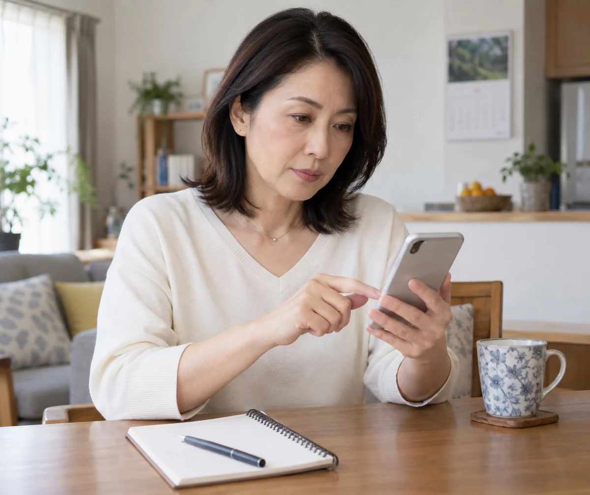介護の作業と期限を家族へ具体的に伝える日本人女性の編集写真