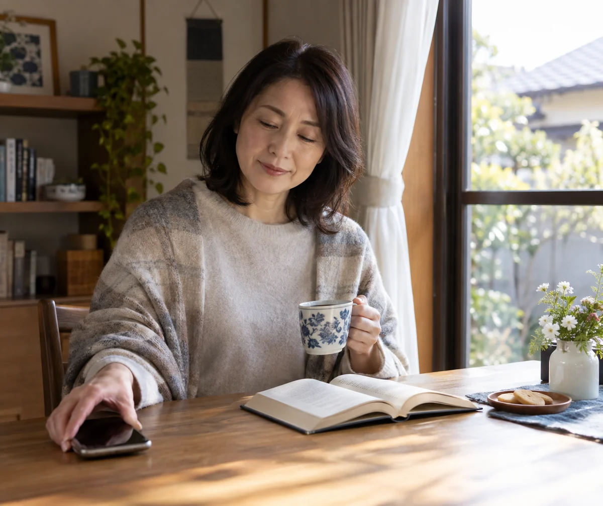 親の介護の連絡を休み自分の時間を確保する日本人女性の編集写真