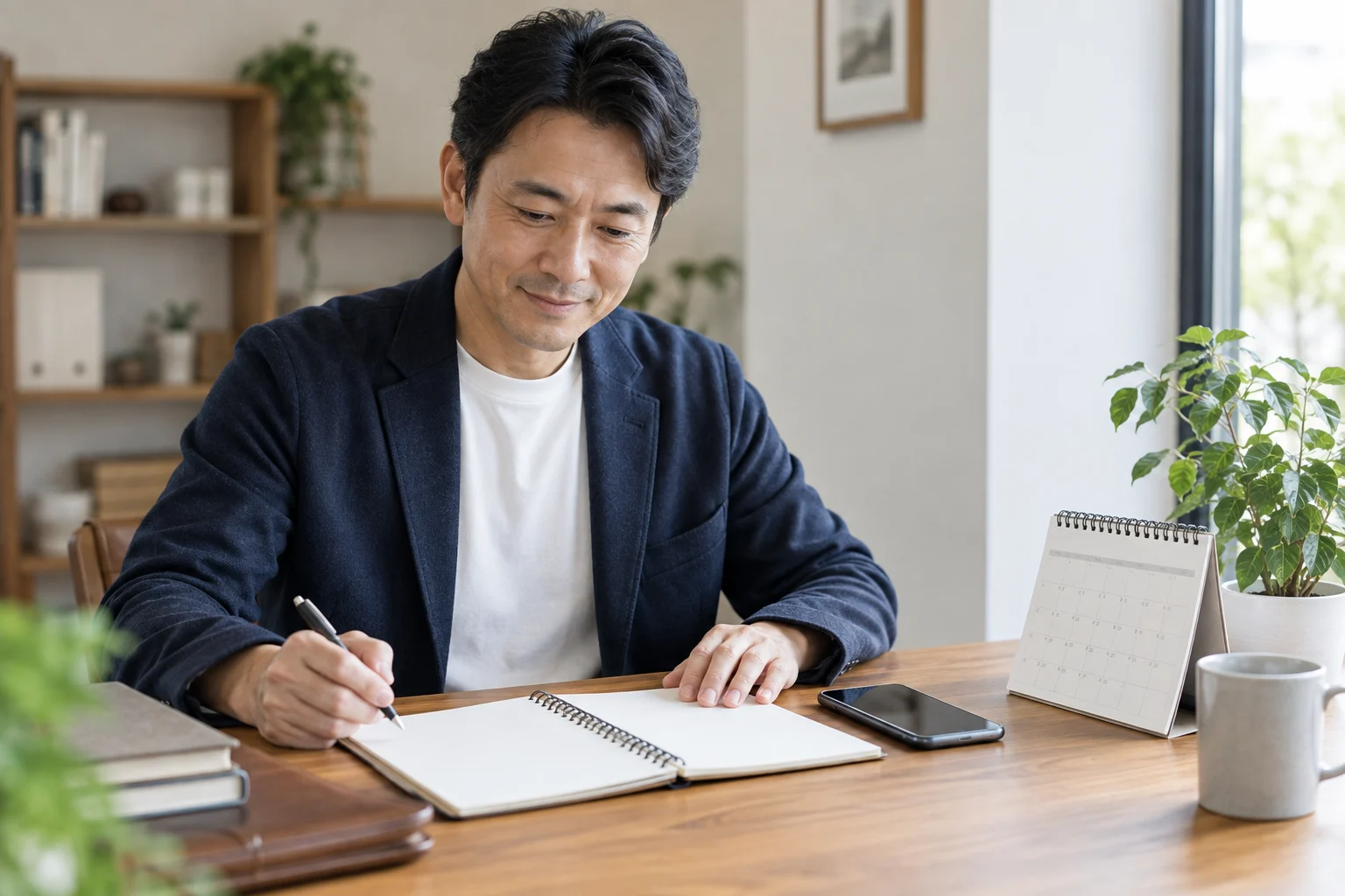 家族との出来事と体調と相談したいことをノートに整理する日本人男性