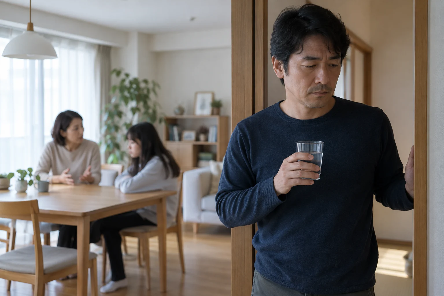 家族との会話を中断して別室で呼吸を整える日本人男性