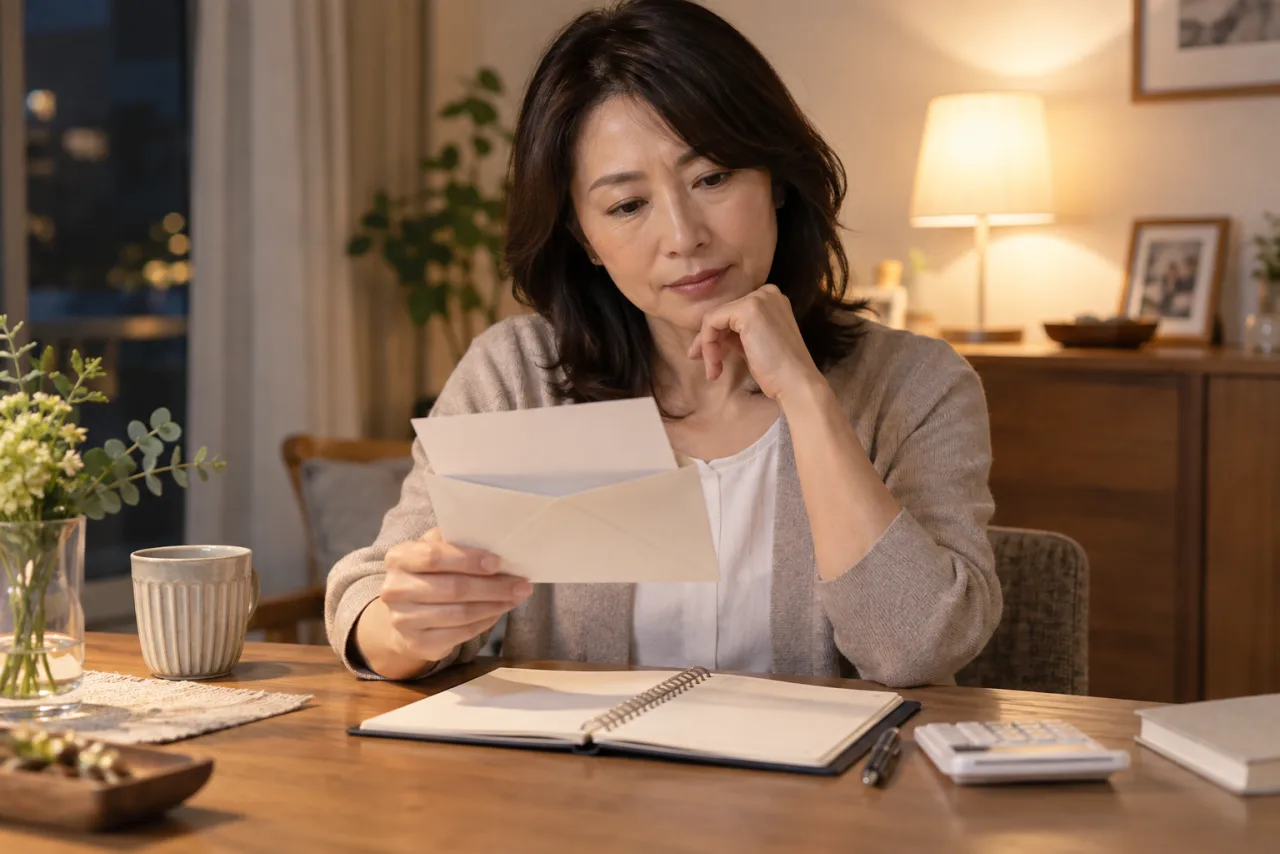 友達の結婚式の案内と祝儀の予算を確認する女性のイメージ