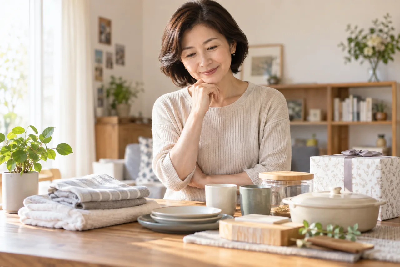友達の新生活に贈る品物の候補をメモして選ぶ女性のイメージ