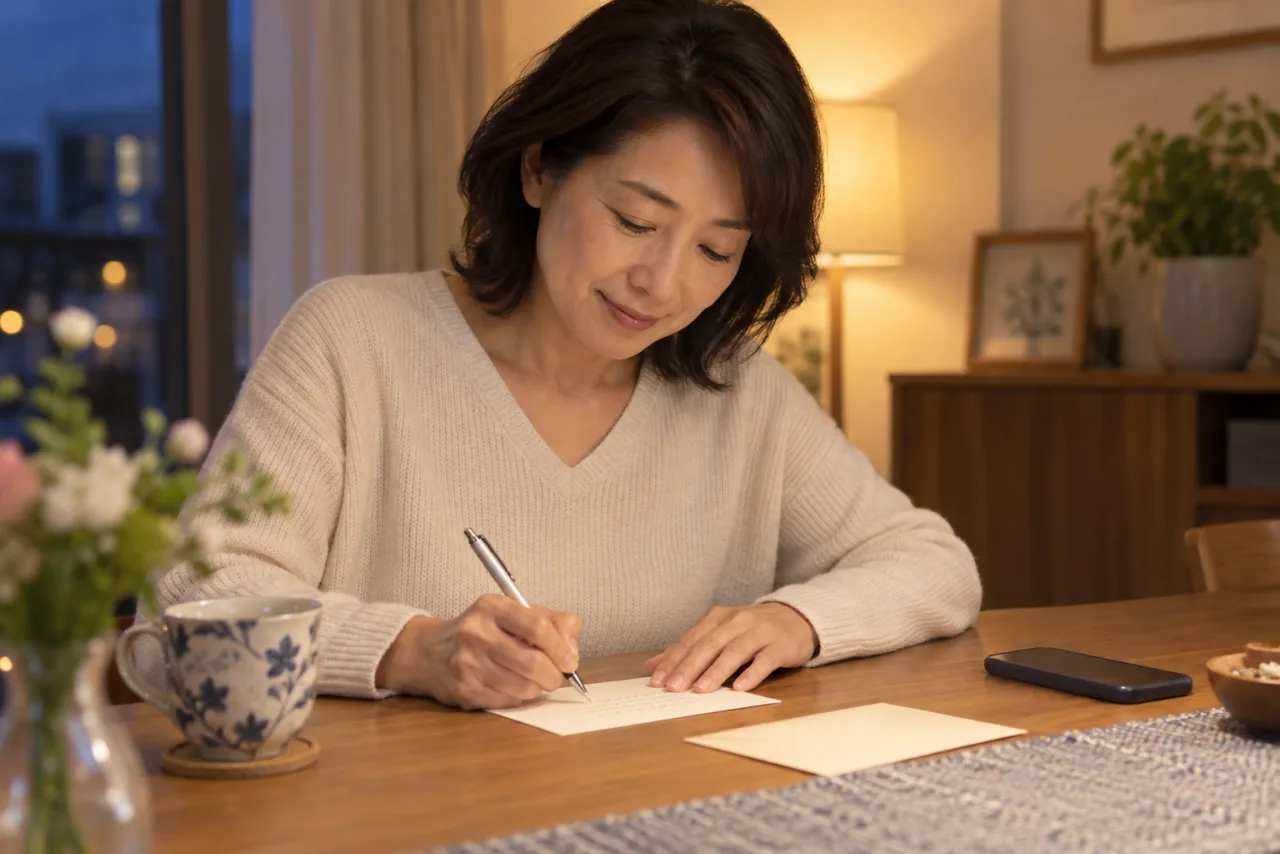 友達への結婚祝いの欠席メッセージをカードに書く女性のイメージ