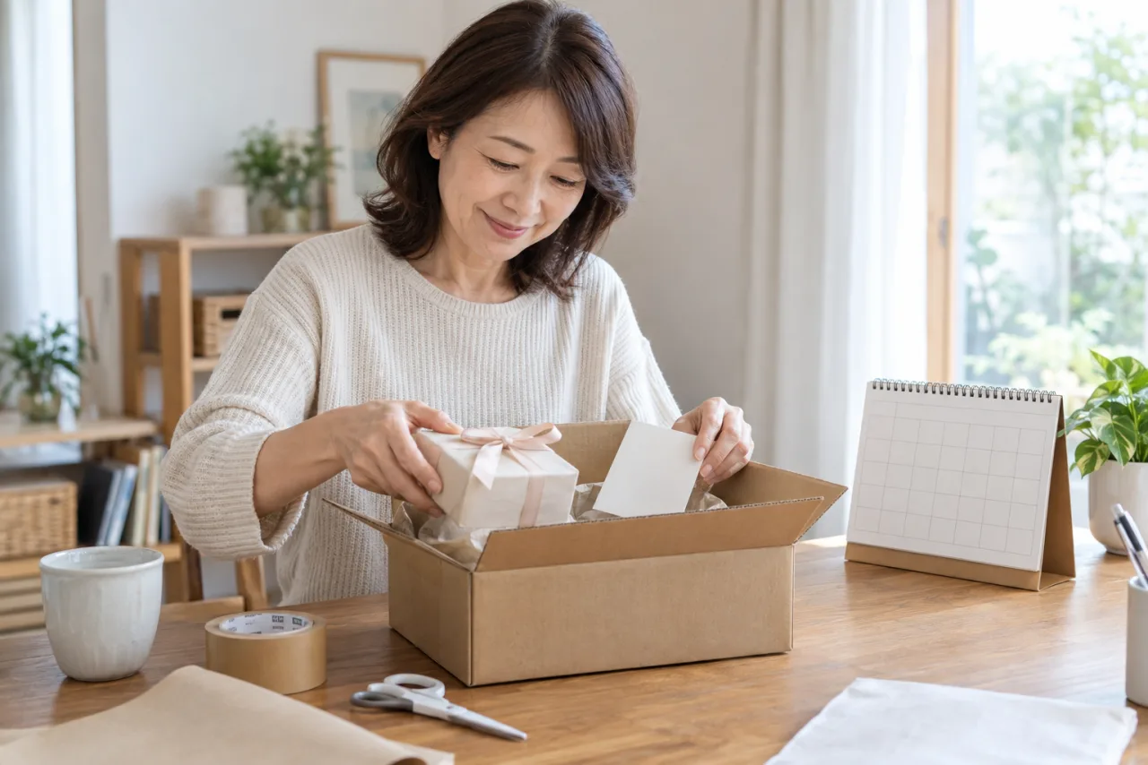 結婚祝いのプレゼントとカードを配送箱に入れて準備する女性のイメージ