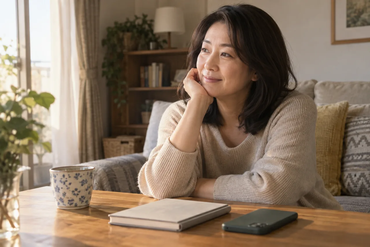 結婚祝いを届けた後に家で記録を振り返る女性のイメージ