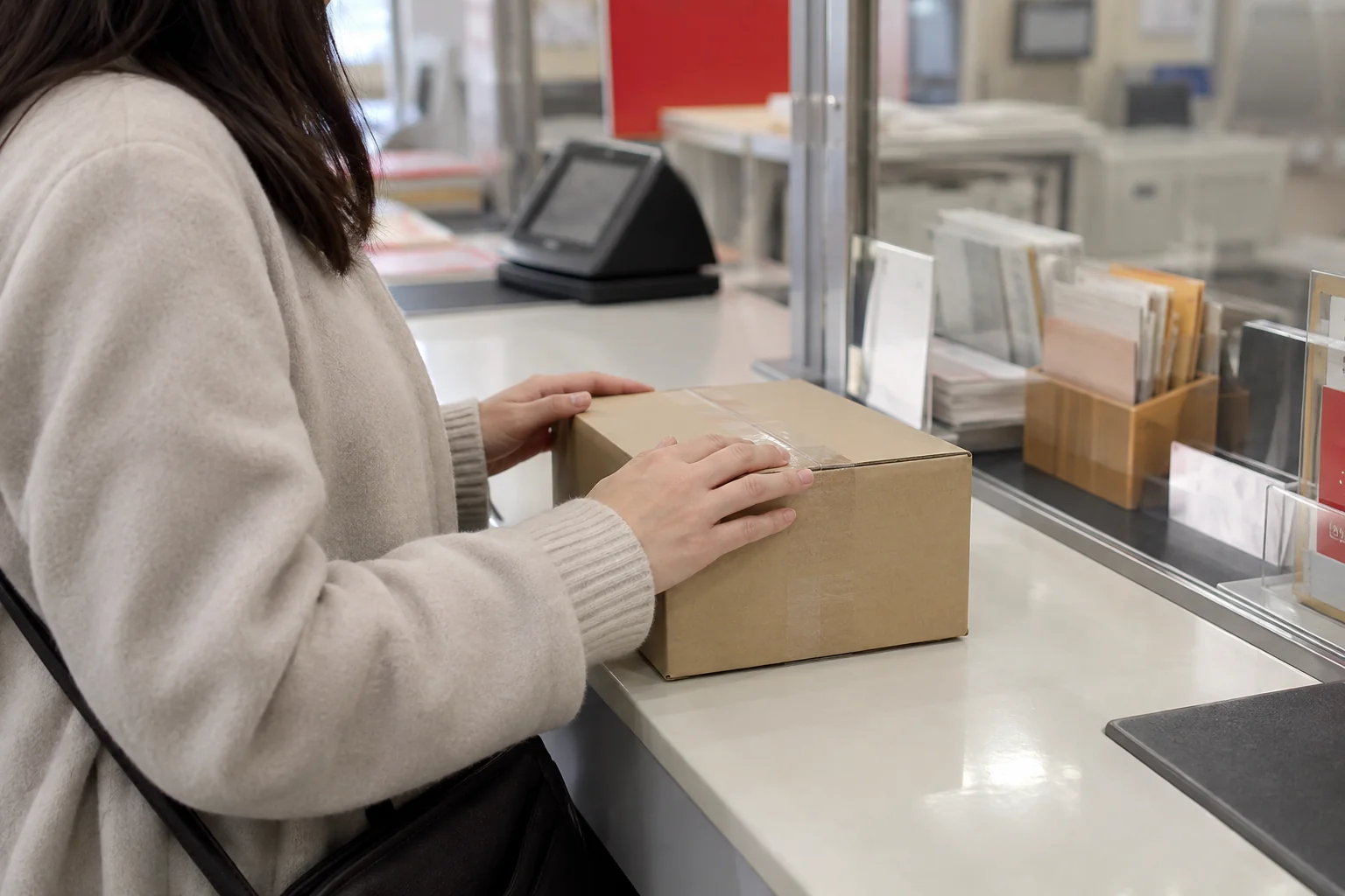 郵便窓口で小さな荷物を差し出す日本人女性