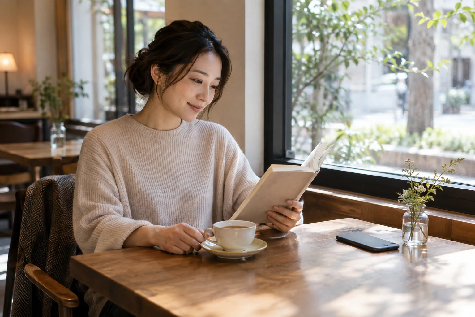 スマートフォンを伏せて読書をする日本人女性