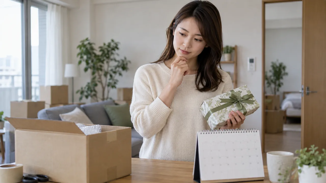 日本人女性が新しい部屋の棚の幅を測って引っ越し祝いの大きさを確認している様子
