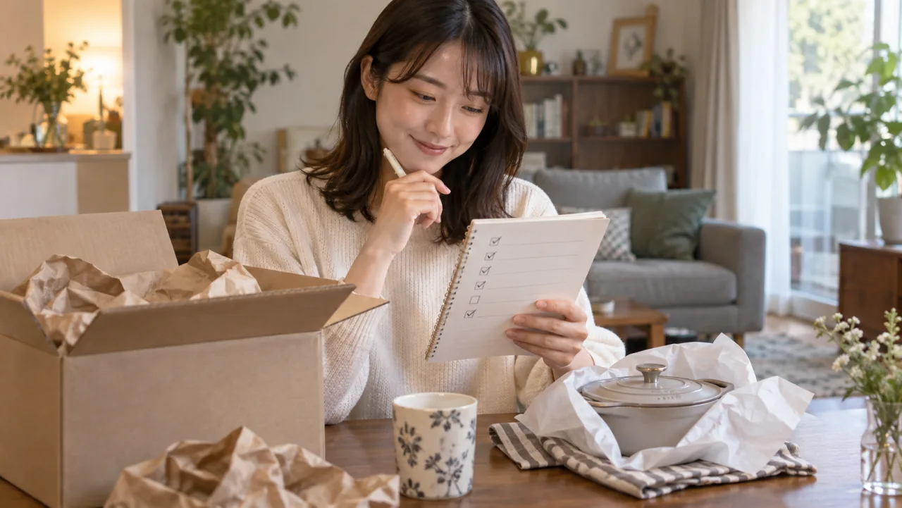 一人暮らしの友達に贈るタオルや食品などの候補を比較する日本人女性