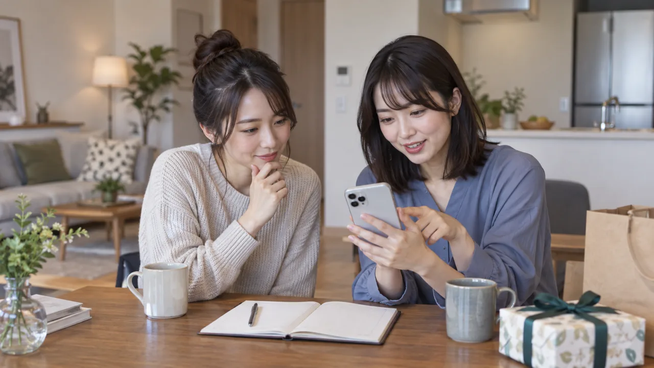 日本人の友達二人がスマートフォンで引っ越し祝いの希望を相談している様子