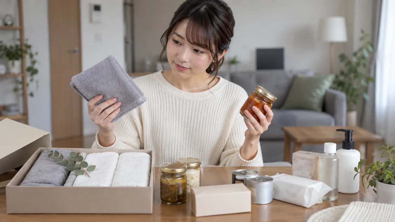 日本人女性が引っ越し祝いの配送日とメッセージを確認している様子