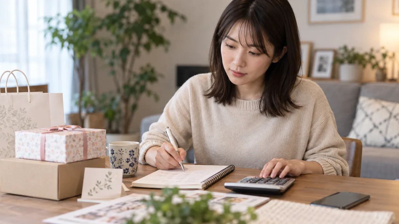 日本人女性が引っ越し祝いの品物代と送料を電卓で計算している様子